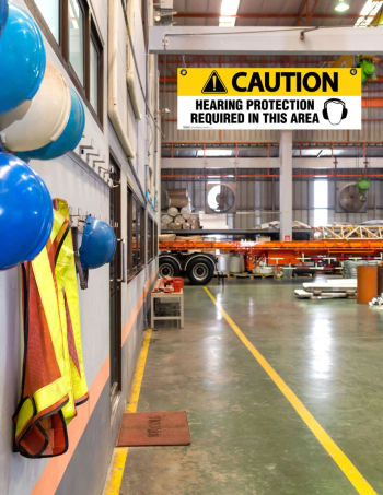 Caution: Hearing Protection Required Ceiling Sign